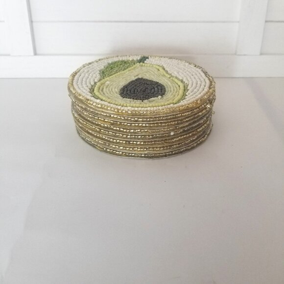 Coaster Set of 8 India Round 4.5" Seed Bead Beaded Pear Avocado Fruit Stackable - Picture 2 of 9